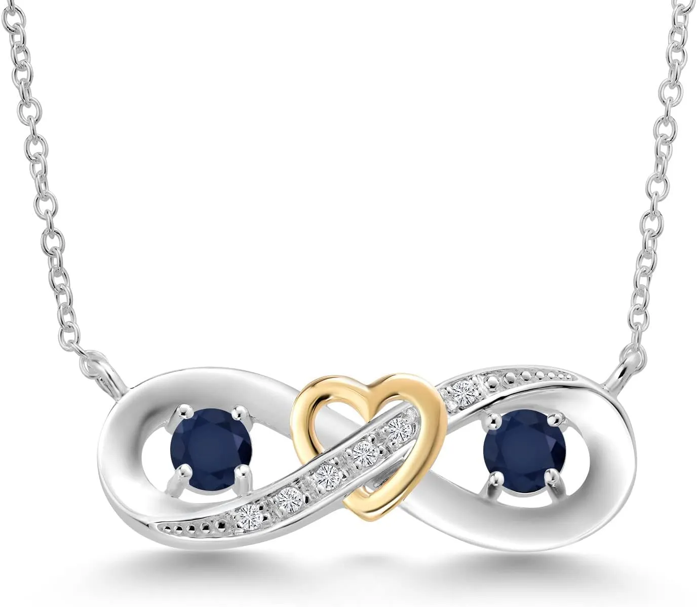 Gem Stone King 925 Silver and 10K Yellow Gold Blue Sapphire and White Lab Grown Diamond Heart Interlocking Infinity Symbol Pendant Necklace For Women (0.76 Cttw, with 18 Inch Chain)