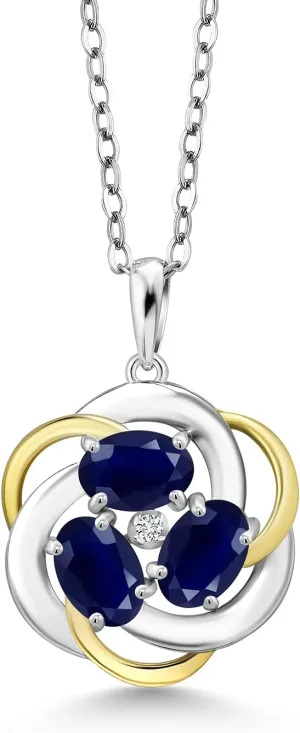 Gem Stone King 925 Silver and 10K Yellow Gold Blue Sapphire and White Lab Grown Diamond Pendant Necklace for Women | 1.68 Cttw | Gemstone September Birthstone | Oval 6X4MM | With 18 Inch Chain