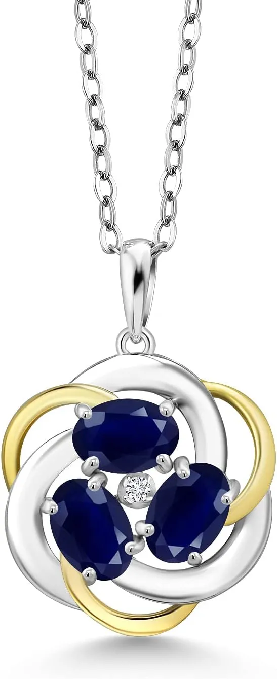 Gem Stone King 925 Silver and 10K Yellow Gold Blue Sapphire and White Lab Grown Diamond Pendant Necklace for Women | 1.68 Cttw | Gemstone September Birthstone | Oval 6X4MM | With 18 Inch Chain