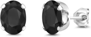 Gem Stone King 925 Sterling Silver Black Sapphire 4-Prong Stud Earrings For Women Men | 3.32 Cttw | Gemstone Birthstone | Oval 8X6MM