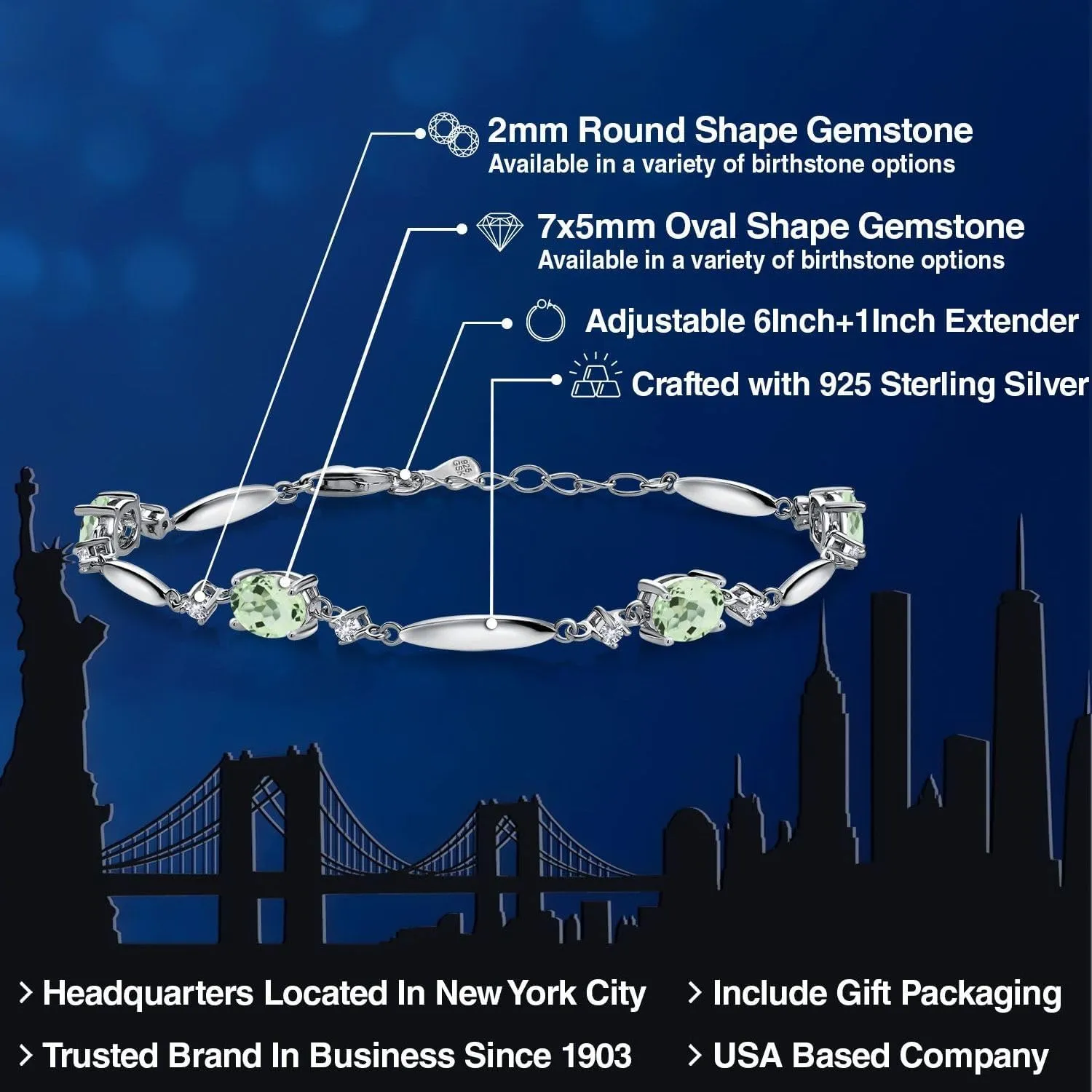 Gem Stone King 925 Sterling Silver Gemstone Birthstone and White Created Sapphire Tennis Bracelet For Women | Oval 7X5MM and 2MM | 6 Inch   1 Inch Extender | Fine Jewelry for Her Mom Wife