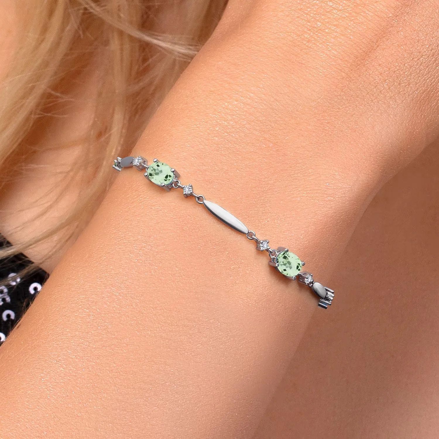 Gem Stone King 925 Sterling Silver Gemstone Birthstone and White Created Sapphire Tennis Bracelet For Women | Oval 7X5MM and 2MM | 6 Inch   1 Inch Extender | Fine Jewelry for Her Mom Wife
