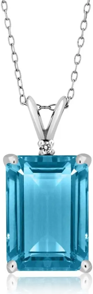 Gem Stone King 9.72 Cttw Swiss Blue Topaz and White Topaz Pendant Necklace For Women | 925 Sterling Silver | Gemstone November Birthstone | Emerald Cut 14X10MM | With 18 Inch Silver Chain