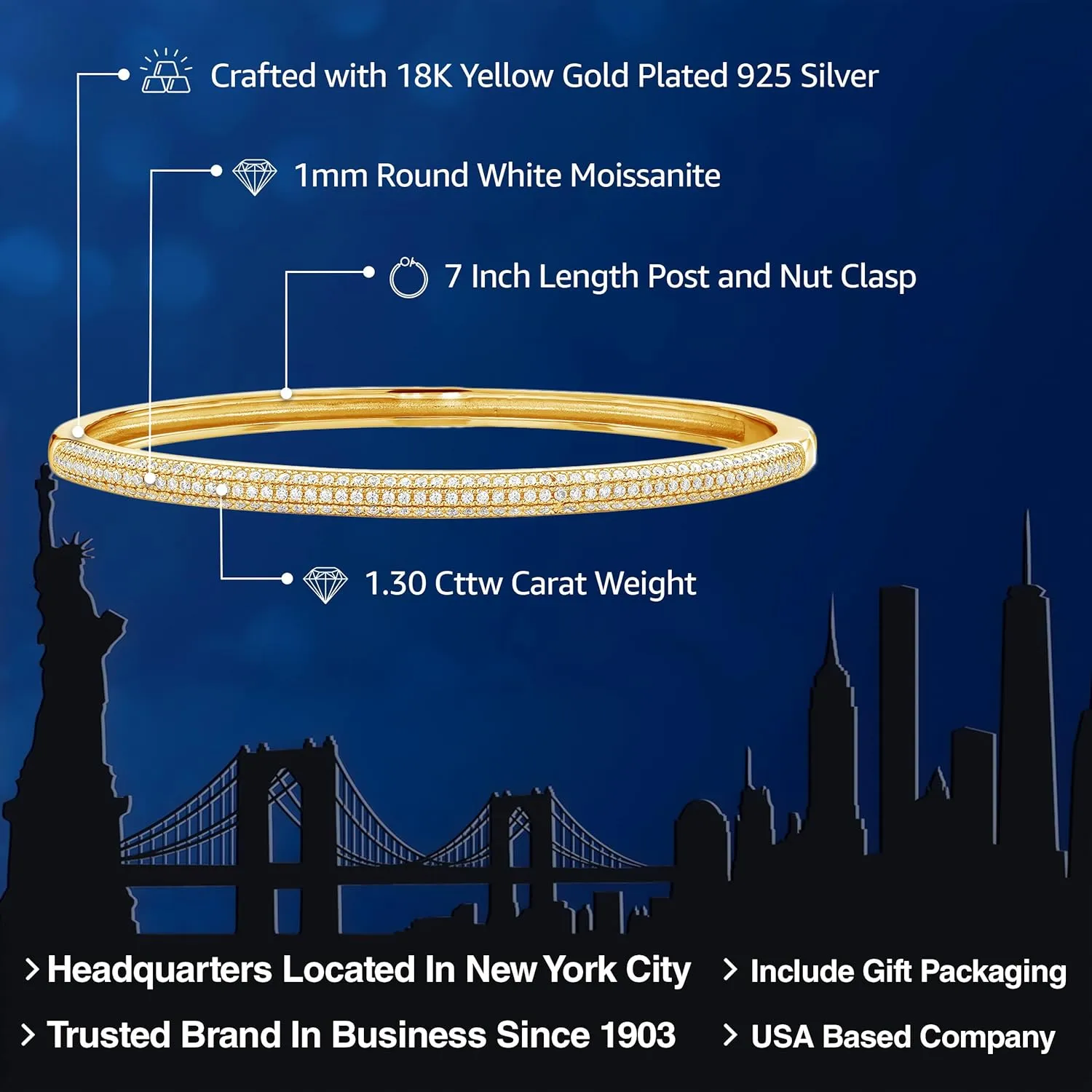 Gem Stone King White Moissanite 7 Inch Round Bangle Bracelet For Women | 1.30 Cttw | With Secure Locking | Fine Jewelry Gifts for Her Mom Women Wife