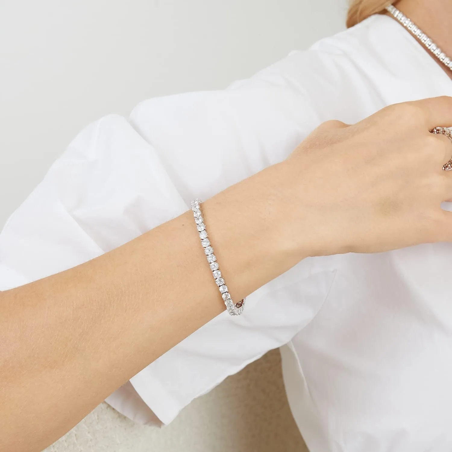 Gemsme Silver Moissanite Tennis Bracelet,18K White Gold Plated 3mm Round Moissanite Tennis Bracelet 6.5-8.5 Inch