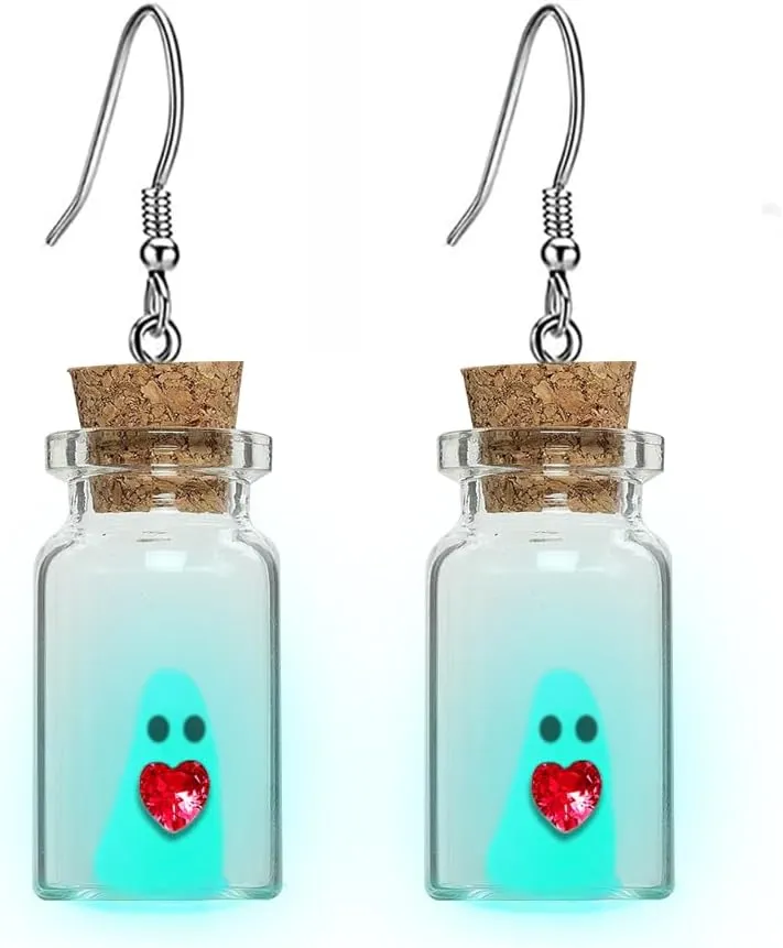 Ghost Earrings(Blue), Ghost In A Bottle Earrings, Red Heart The Adopt A Ghost Earrings, Halloween Tiny Glow-In-The-Dark Spooky Charm Pendant Earrings Christmas Jewelry Gifts for Women