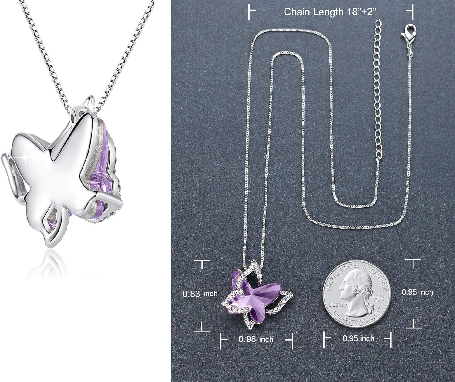 Gift Butterfly Birthstone Crystal Necklace, Silver Tone with 18 2 Chain, Necklace for Mothers Day Anniversary Birthday Gifts for Women and Daughter