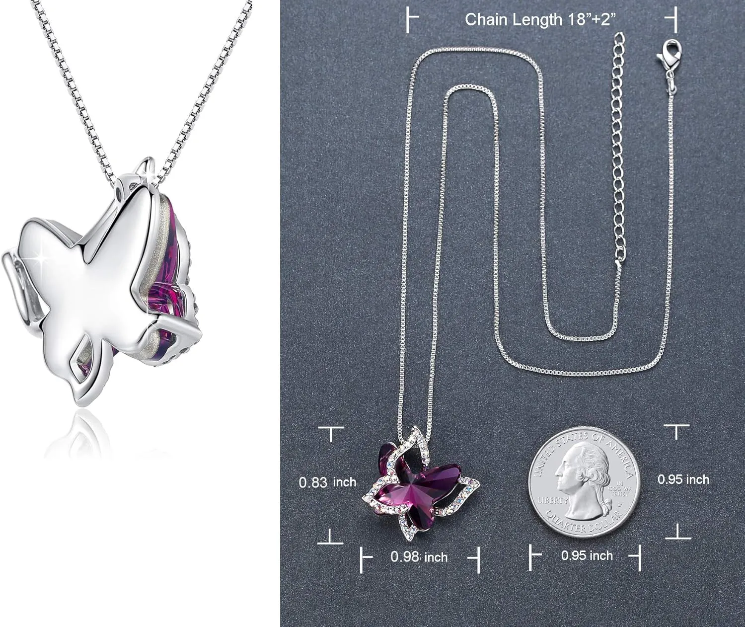 Gift Butterfly Birthstone Crystal Necklace, Silver Tone with 18 2 Chain, Necklace for Mothers Day Anniversary Birthday Gifts for Women and Daughter