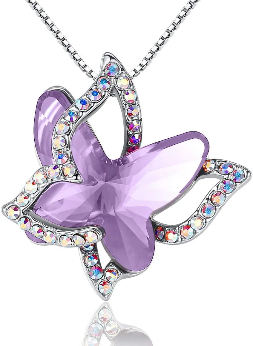 Gift Butterfly Birthstone Crystal Necklace, Silver Tone with 18 2 Chain, Necklace for Mothers Day Anniversary Birthday Gifts for Women and Daughter