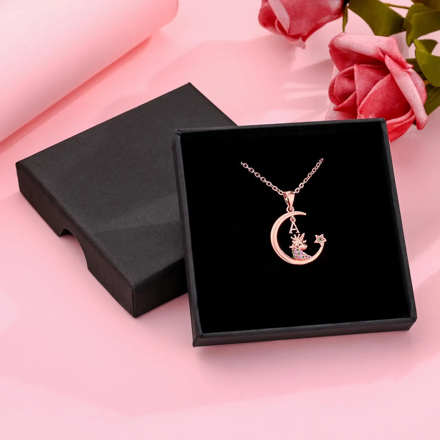 Gifts for Girls - Unicorn Necklace, 14K Gold/Rose Gold/White Gold Plated Initial Unicorn Necklace CZ Moon and Star Necklace Unicorn Jewelry Birthday Gifts Unicorn Gifts for Girls
