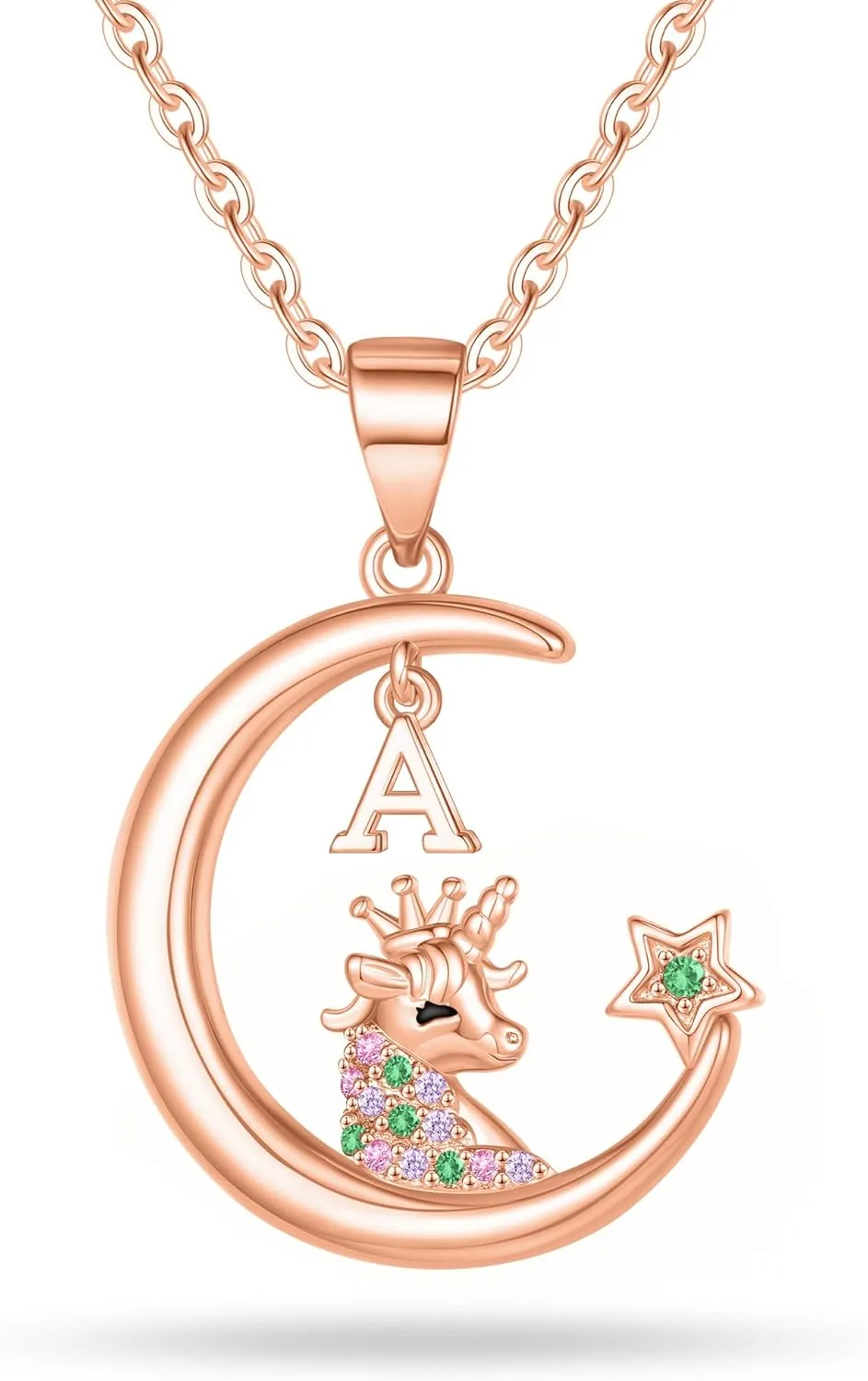 Gifts for Girls - Unicorn Necklace, 14K Gold/Rose Gold/White Gold Plated Initial Unicorn Necklace CZ Moon and Star Necklace Unicorn Jewelry Birthday Gifts Unicorn Gifts for Girls