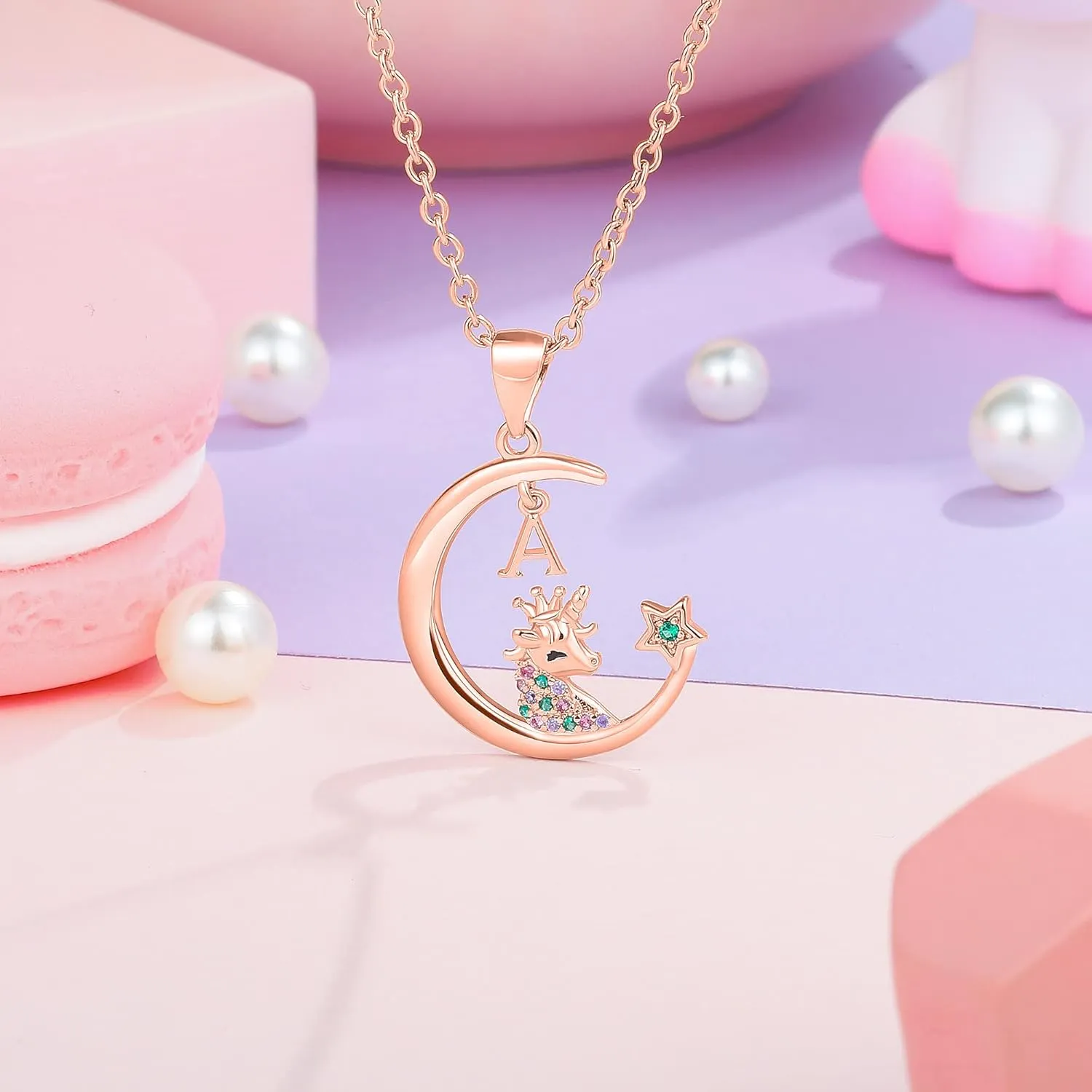 Gifts for Girls - Unicorn Necklace, 14K Gold/Rose Gold/White Gold Plated Initial Unicorn Necklace CZ Moon and Star Necklace Unicorn Jewelry Birthday Gifts Unicorn Gifts for Girls