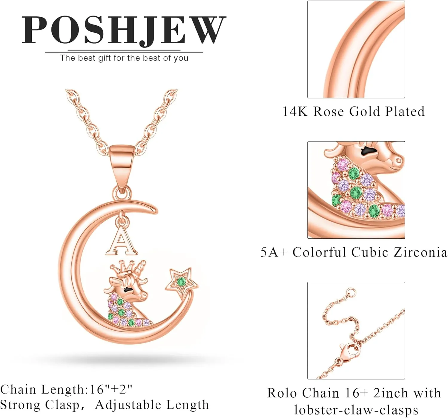 Gifts for Girls - Unicorn Necklace, 14K Gold/Rose Gold/White Gold Plated Initial Unicorn Necklace CZ Moon and Star Necklace Unicorn Jewelry Birthday Gifts Unicorn Gifts for Girls