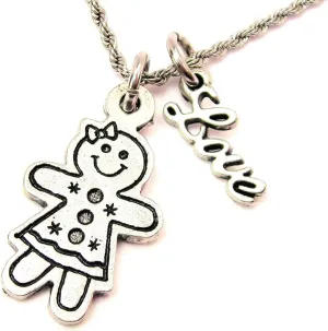 Gingerbread Girl Stainless Steel Rope Chain Necklace with Cursive Love Accent