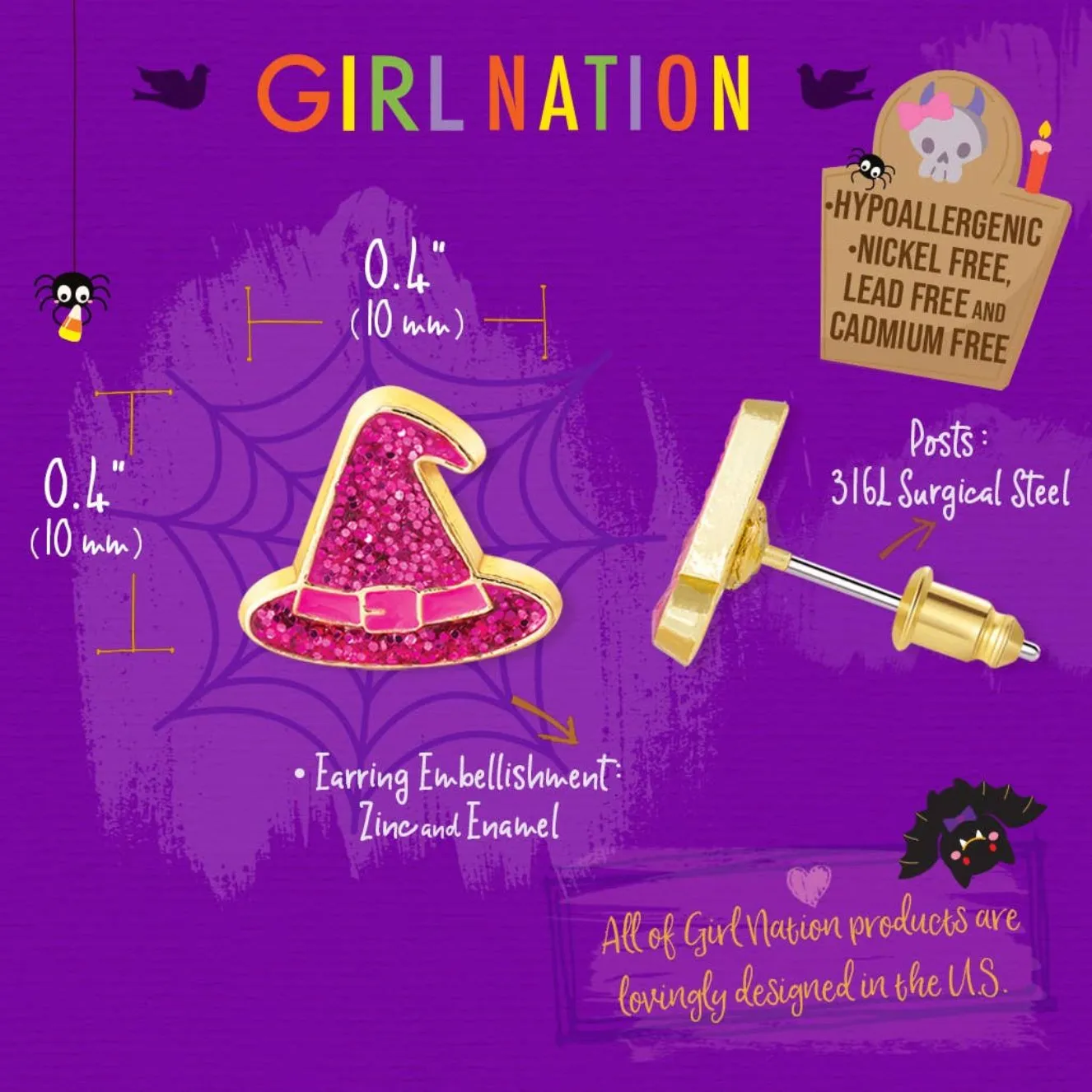 Girl Nation Halloween Glitter Witch Hat Stud Earrings