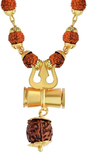 Gold Plated Brown Shiv Shakti Kavach Loard Shiv Trishul Damru Locket with Panchmukhi Rudraksha Handmade Mala Beads Religious Pendant Necklace Spiritual Jewellery for Men/Women by Indian Collectible