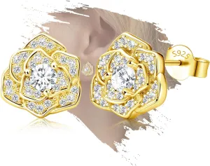 Gold Rose Flower Earrings for Women - Sterling Silver Classic Stud Earrings Hypoallergenic Cubic Zirconia Lightweight Sparkle Rose Earrings for Mother Wife Gifts for Birthday Christmas Anniversary