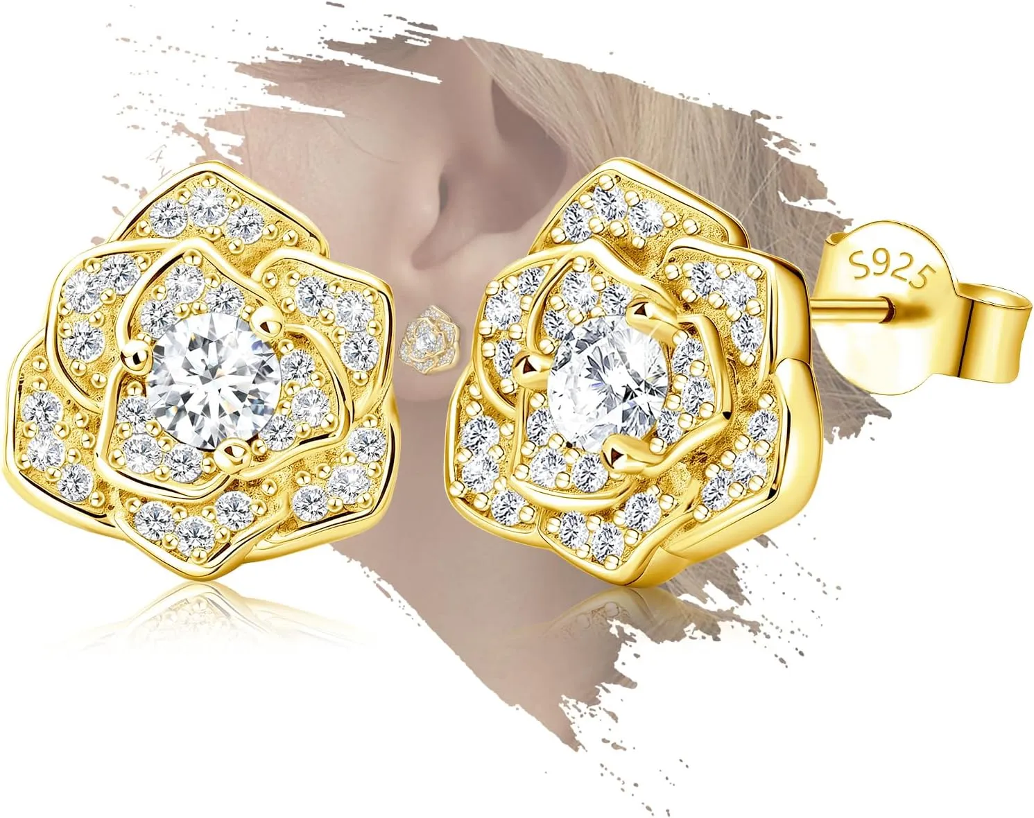 Gold Rose Flower Earrings for Women - Sterling Silver Classic Stud Earrings Hypoallergenic Cubic Zirconia Lightweight Sparkle Rose Earrings for Mother Wife Gifts for Birthday Christmas Anniversary