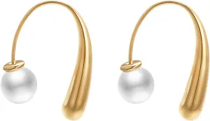Gold Teardrop Hoop Earrings Faux Pearl Back Earrings for Women Stainless Steel Earrings Jewelry Gift