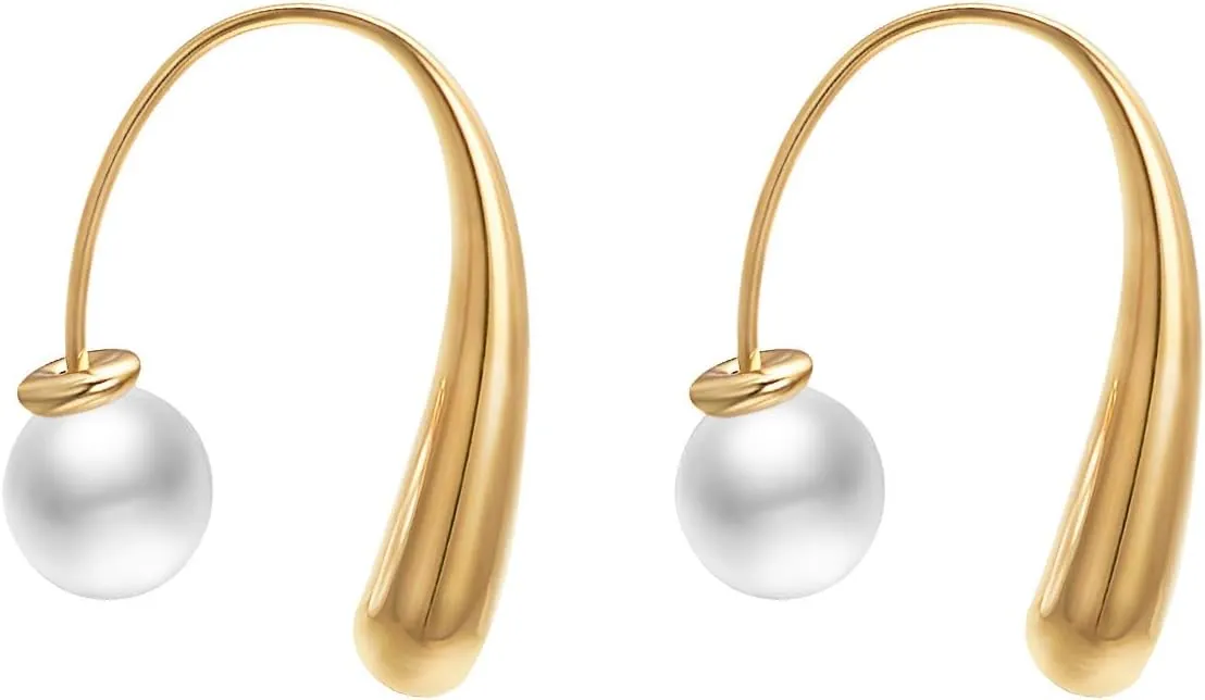 Gold Teardrop Hoop Earrings Faux Pearl Back Earrings for Women Stainless Steel Earrings Jewelry Gift