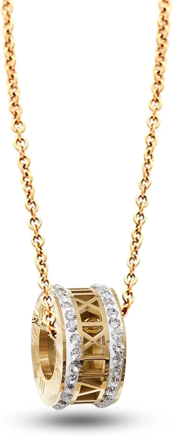 Gold Tone Roman Numerals - White Crystals Ring - Women's Necklace