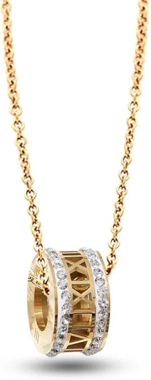 Gold Tone Roman Numerals - White Crystals Ring - Women's Necklace