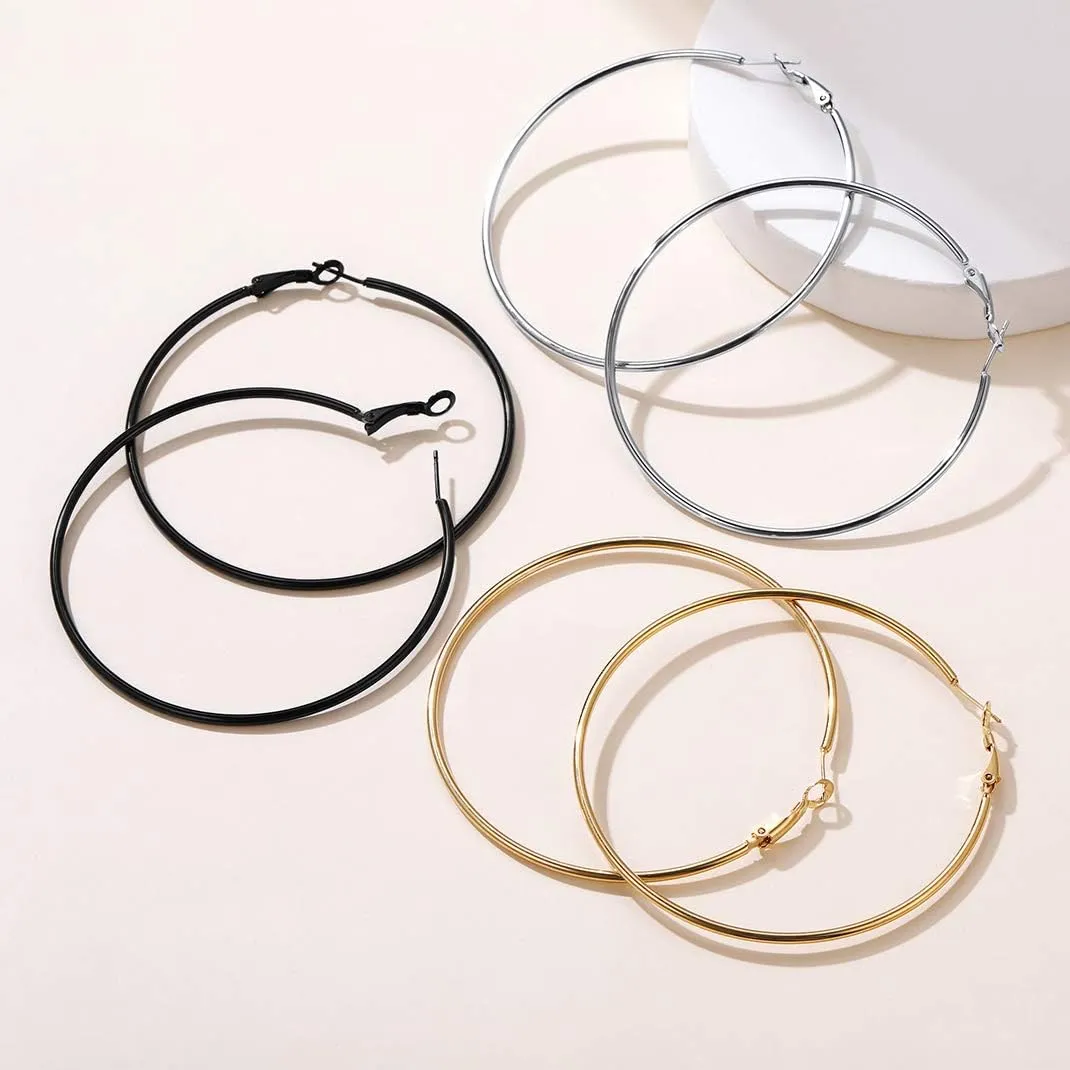 GoldChic Jewelry 1Pair/3 Pairs Classic Medium/Big Round Loop Hoop Earrings, Lightweight Hoop Earrings in Gold/Black/Silver Tone for Women Hypoallergenic Earrings (20/30/40/50/60/70/80/100mm)