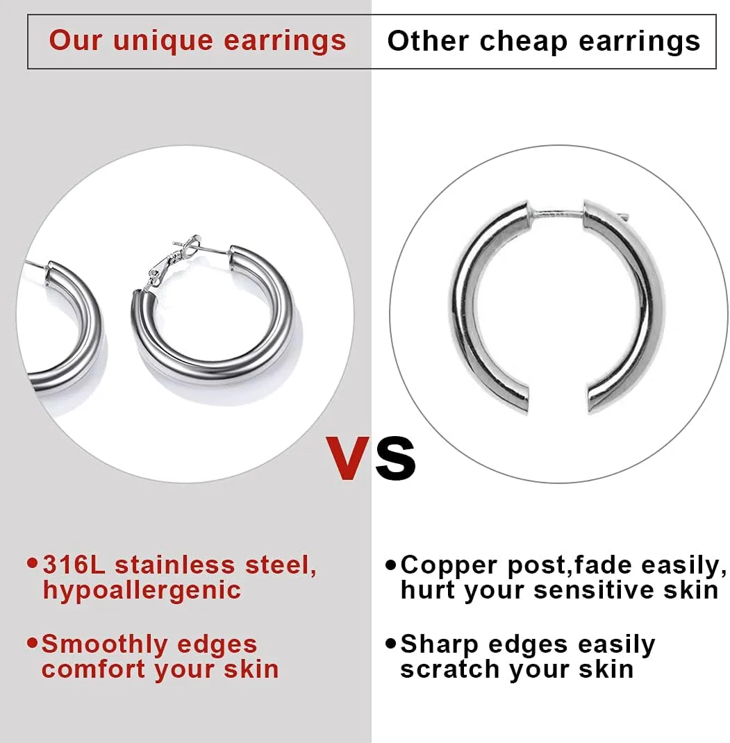 GoldChic Jewelry Stainless Steel Tube Hoop Earrings for Women 30mm/40mm/60mm/80mm,Classic Lightweight Thick Chunky Hollow Round Hoops Hypoallergenic in Rose Gold/Silver/Black Color,with Gift Box