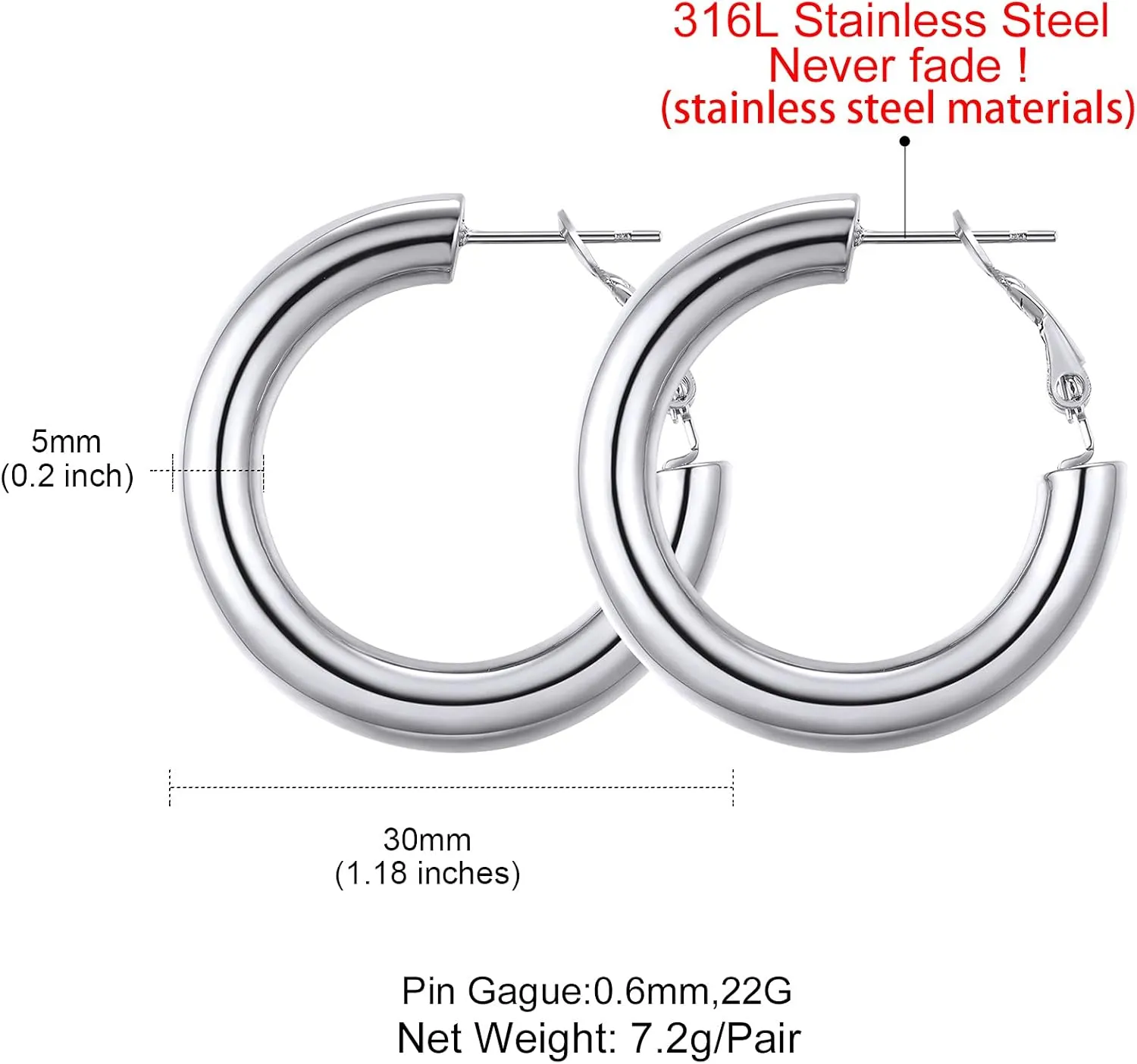 GoldChic Jewelry Stainless Steel Tube Hoop Earrings for Women 30mm/40mm/60mm/80mm,Classic Lightweight Thick Chunky Hollow Round Hoops Hypoallergenic in Rose Gold/Silver/Black Color,with Gift Box
