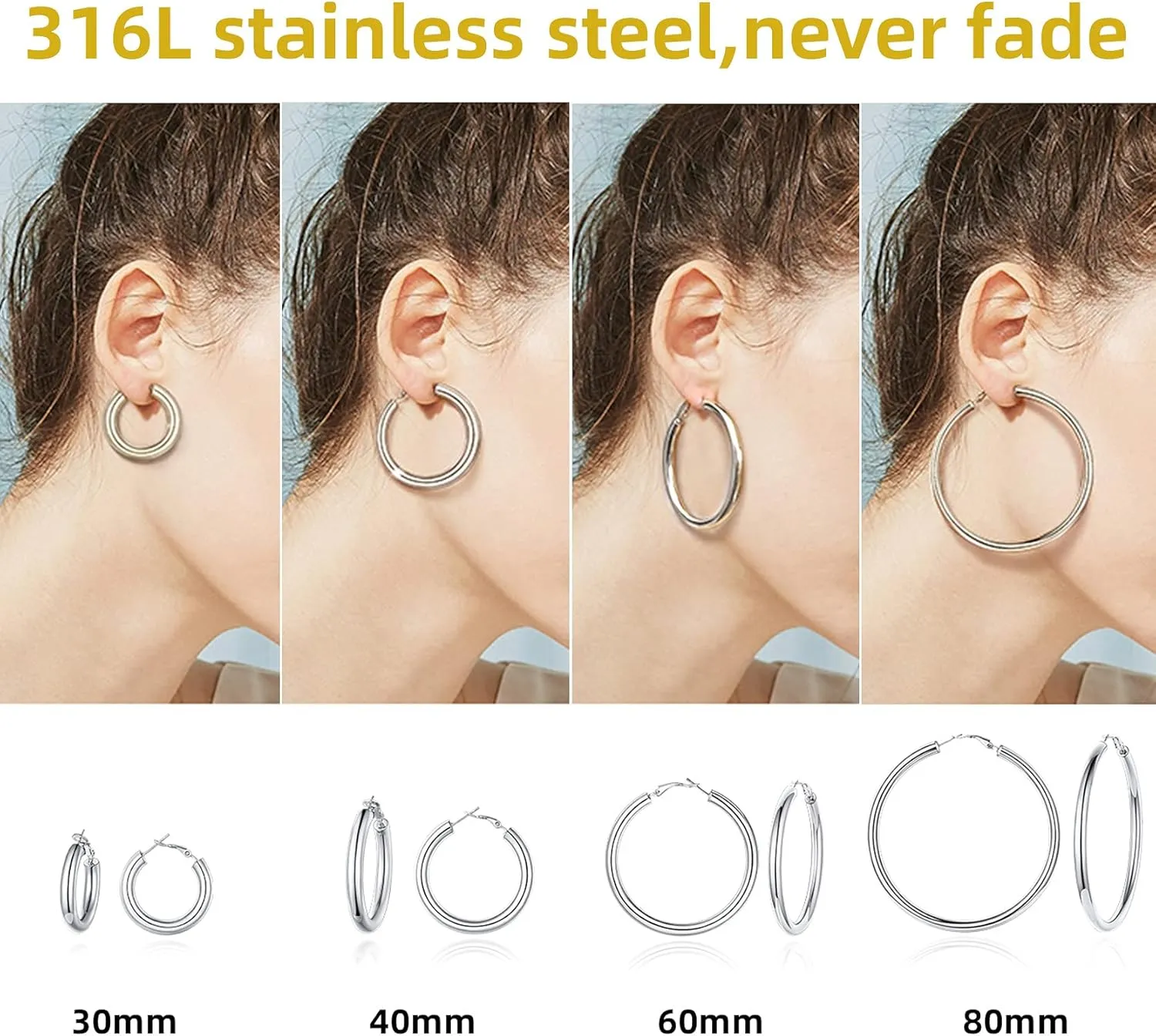 GoldChic Jewelry Stainless Steel Tube Hoop Earrings for Women 30mm/40mm/60mm/80mm,Classic Lightweight Thick Chunky Hollow Round Hoops Hypoallergenic in Rose Gold/Silver/Black Color,with Gift Box