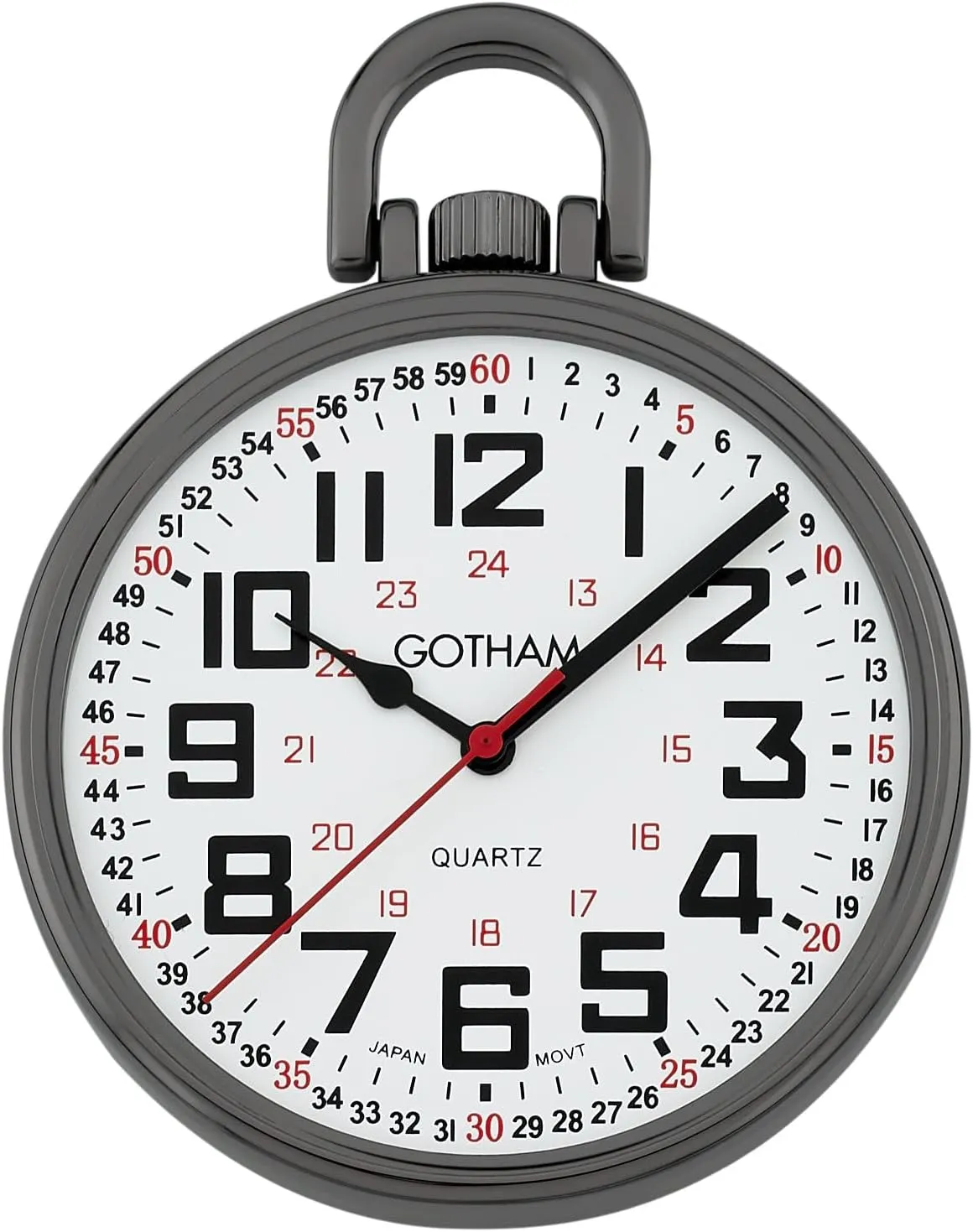 Gotham Men's Gunmetal Thin Railroad Dial 24 Hour Open Face Quartz Pocket Watch # GWC15029B