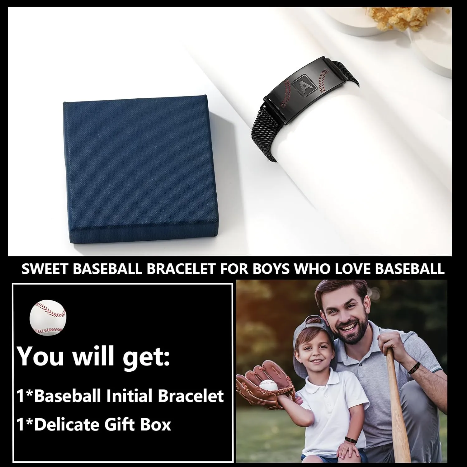 Graduation Gifts for him Baseball Initial Bracelet Black/Sliver/Gold Stainless Steel A-Z Letter Charm Bracelets Adjustable Wristbands Baseball Gifts Idea for Players Team Lovers
