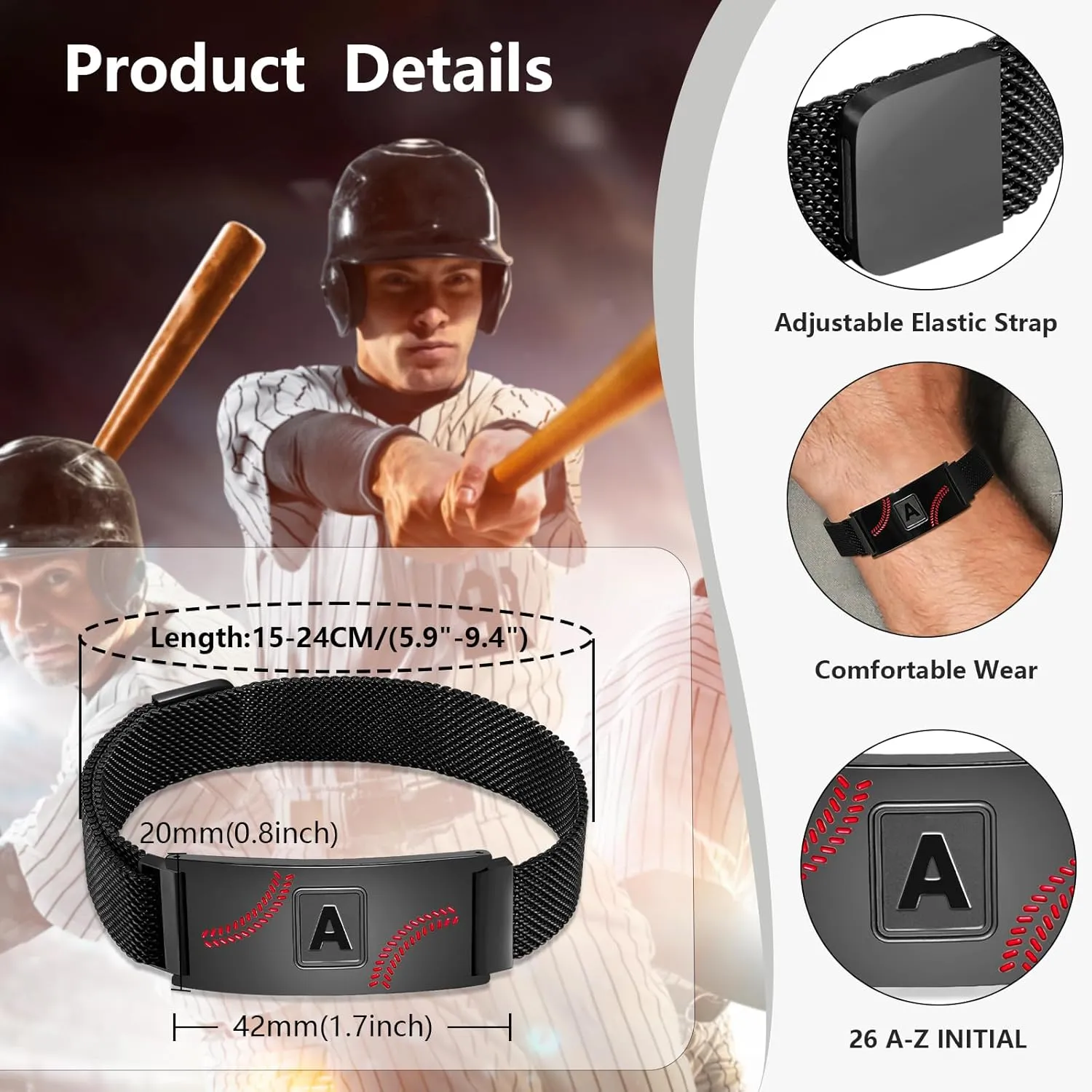 Graduation Gifts for him Baseball Initial Bracelet Black/Sliver/Gold Stainless Steel A-Z Letter Charm Bracelets Adjustable Wristbands Baseball Gifts Idea for Players Team Lovers