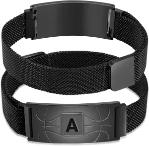 Graduation Gifts for him Basketball Initial Bracelet Black/Sliver/Gold Stainless Steel A-Z Letter Charm Bracelets Adjustable Wristbands Basketball Gifts Idea for Players Team Lovers Men Dad