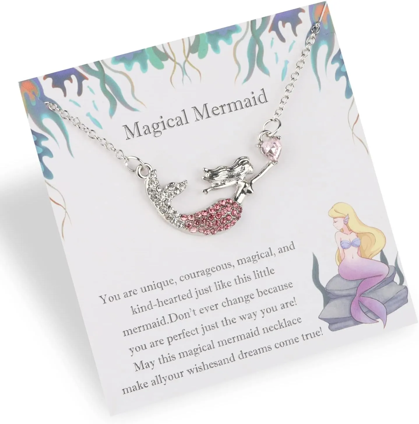 Gzrlyf Magical Mermaid Necklace with Card - Crystal Pendant Jewelry Gift for Mermaid Lovers