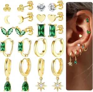 HAIAISO 10 Pairs 14K Gold Plated Huggie Hoop Studs Earrings for Women Small Dangle Hoop Earrings Gold Green Earrings Set for Multiple Piercing