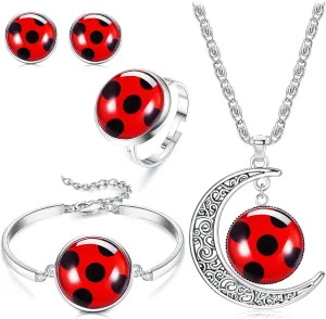 HAIAISO Good Luck Ladybug Jewelry Red Ladybug Bracelet Moon Necklace Ring Stud Set Halloween Cosplay Jewelry Magical Ladybug Lover Gift for Women