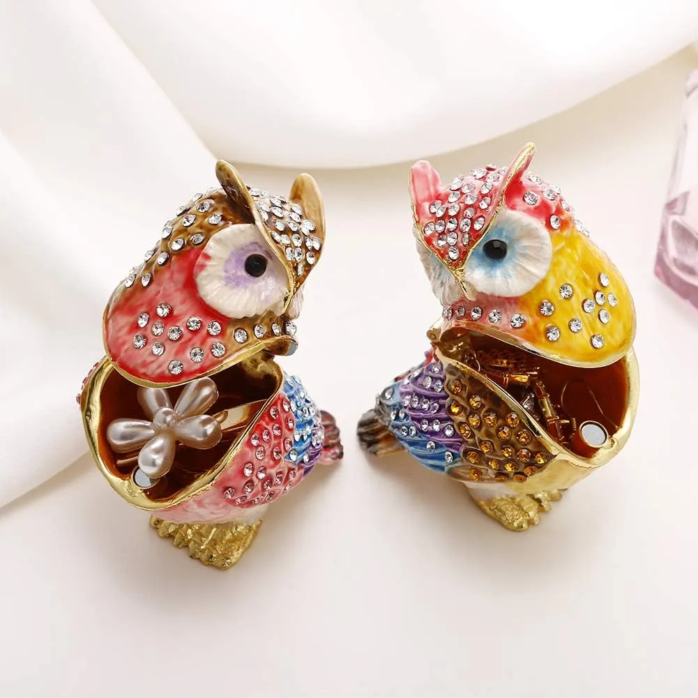 Hand Painted Enamel Couple Owl Trinket Box, Hinged Unique Mini Ring Necklace Jewelry Organizer, Classical Bejeweled Storage, Figurine Collectible Keepsake Home Decor (Couple Owl)