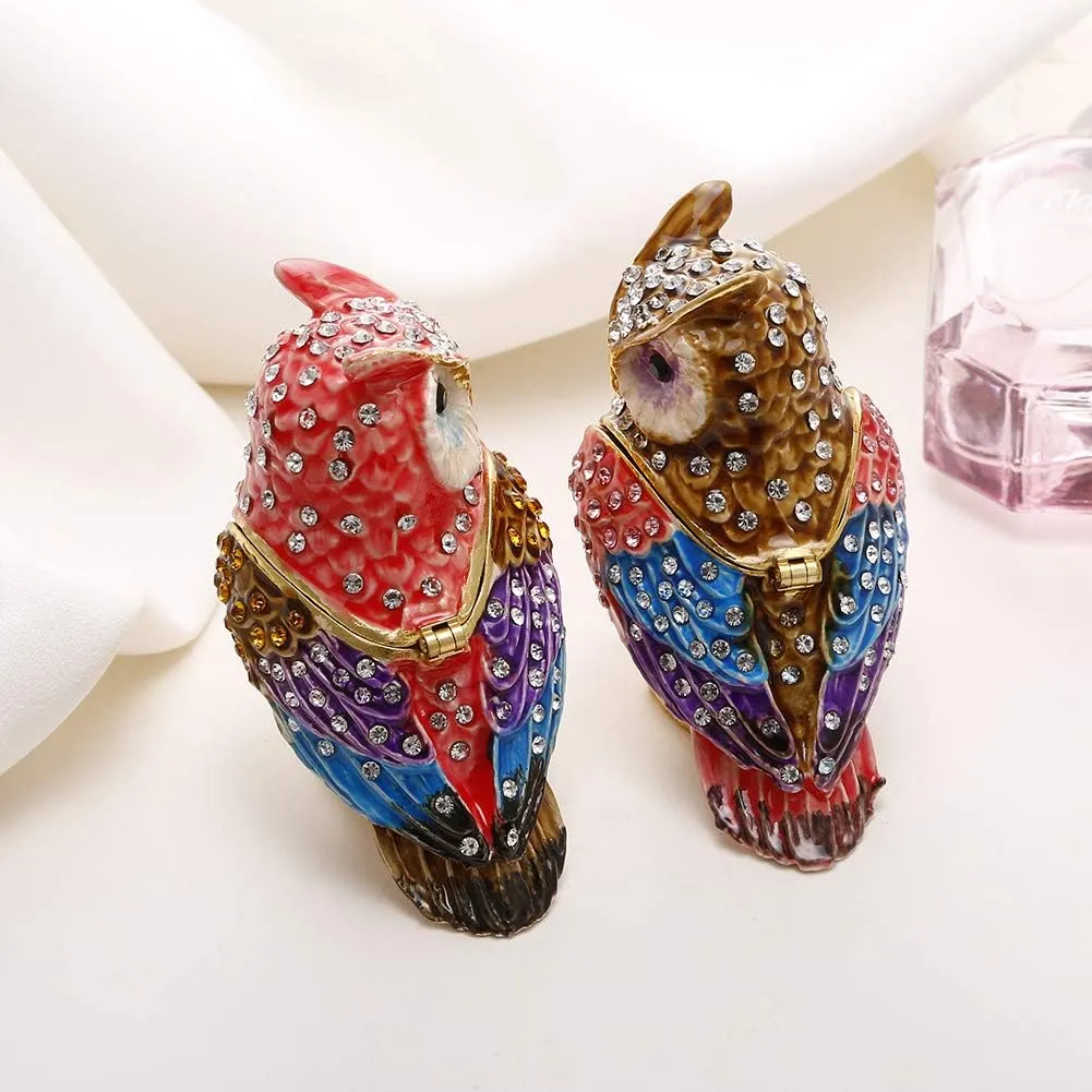 Hand Painted Enamel Couple Owl Trinket Box, Hinged Unique Mini Ring Necklace Jewelry Organizer, Classical Bejeweled Storage, Figurine Collectible Keepsake Home Decor (Couple Owl)