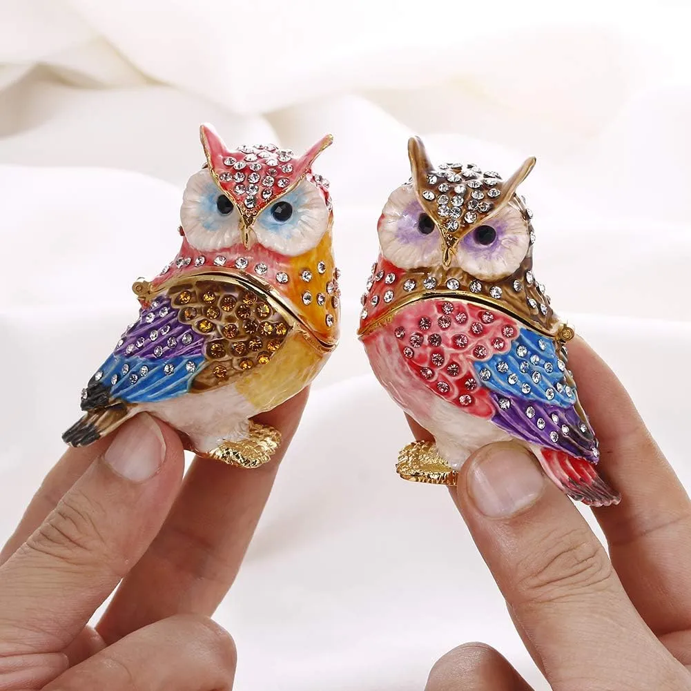 Hand Painted Enamel Couple Owl Trinket Box, Hinged Unique Mini Ring Necklace Jewelry Organizer, Classical Bejeweled Storage, Figurine Collectible Keepsake Home Decor (Couple Owl)
