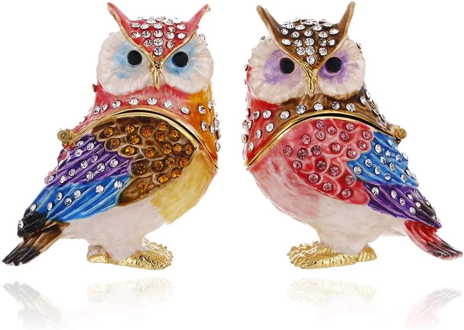 Hand Painted Enamel Couple Owl Trinket Box, Hinged Unique Mini Ring Necklace Jewelry Organizer, Classical Bejeweled Storage, Figurine Collectible Keepsake Home Decor (Couple Owl)
