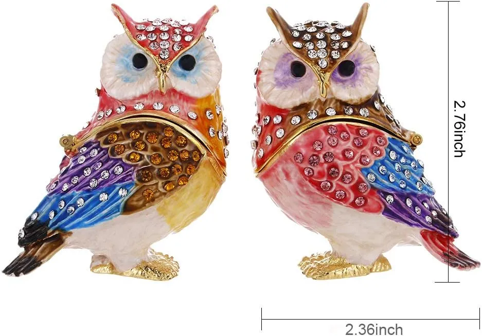 Hand Painted Enamel Couple Owl Trinket Box, Hinged Unique Mini Ring Necklace Jewelry Organizer, Classical Bejeweled Storage, Figurine Collectible Keepsake Home Decor (Couple Owl)