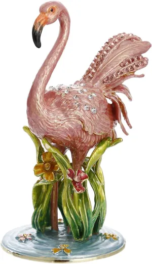 Hand Painted Enamel Flamingo Trinket Box, Hinged Unique Mini Ring Necklace Jewelry Organizer, Classical Bejeweled Storage, Figurine Collectible Keepsake Home Decor (Flamingo)