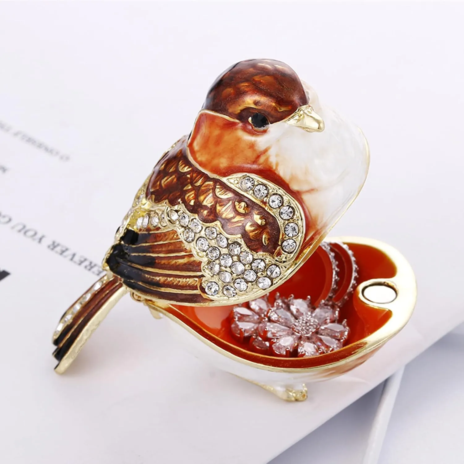 Hand Painted Enamel Goldfinch Bird Trinket Box, Hinged Unique Mini Ring Necklace Jewelry Organizer, Classical Bejeweled Storage, Figurine Collectible Keepsake Home Decor (Goldfinch)