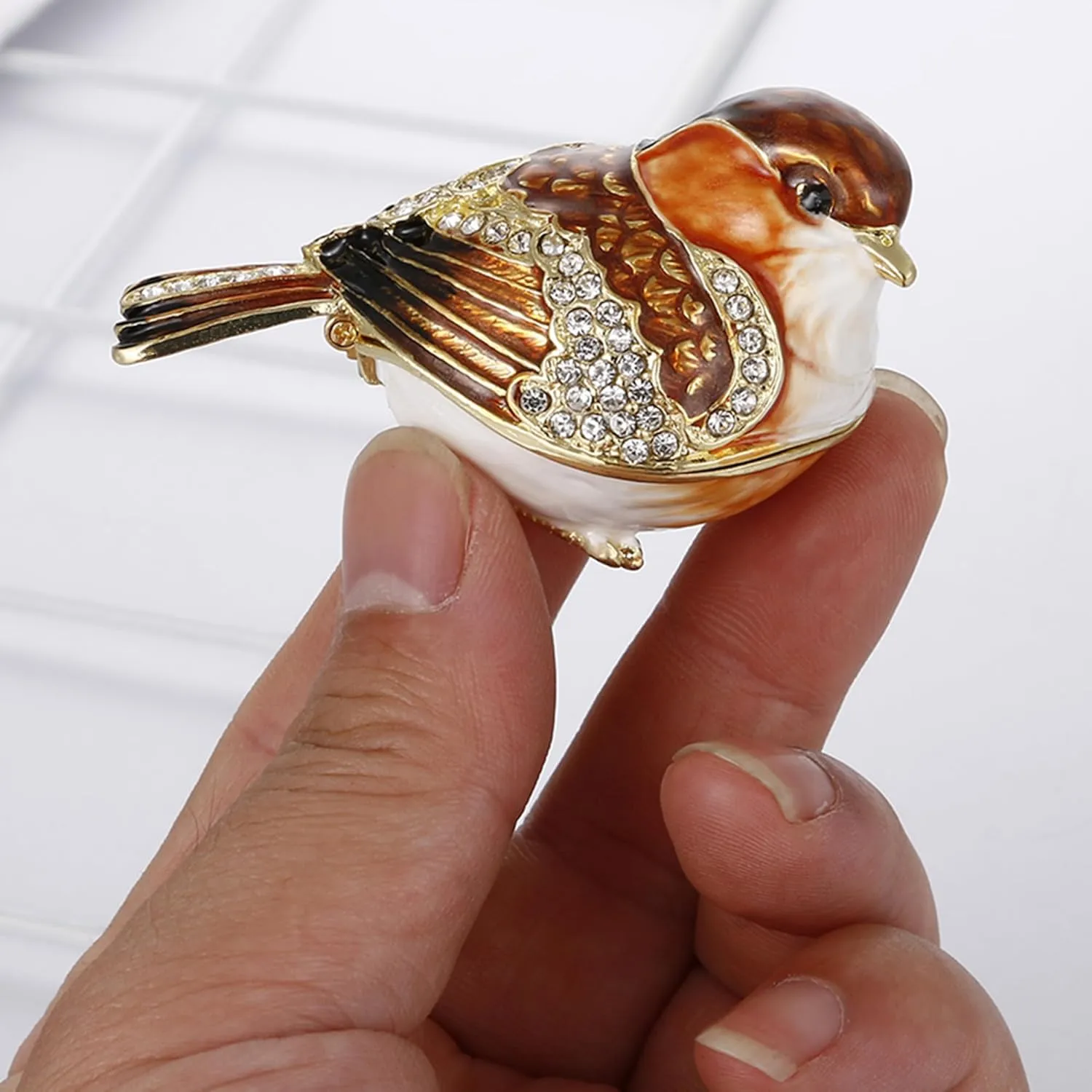 Hand Painted Enamel Goldfinch Bird Trinket Box, Hinged Unique Mini Ring Necklace Jewelry Organizer, Classical Bejeweled Storage, Figurine Collectible Keepsake Home Decor (Goldfinch)