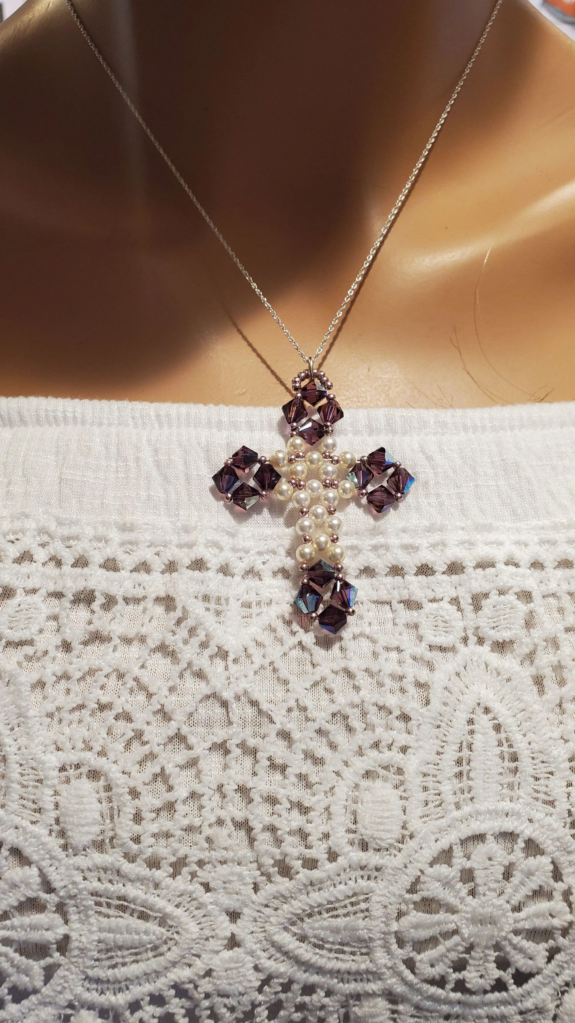 Handmade Vintage Bead Woven Purple Crystal Pearl Cross Necklace-Only One