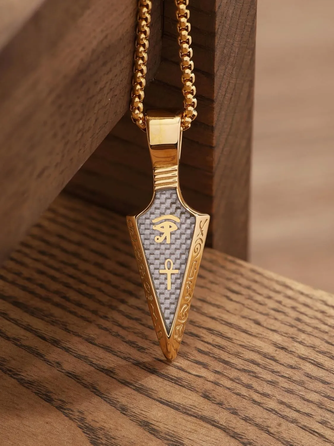 HAQUIL Arrowhead Necklace, Stainless Steel Eye of Horus Ankh Hieroglyphic Arrowhead Pendant, Box Chain, Egyptian Jewelry Gifts