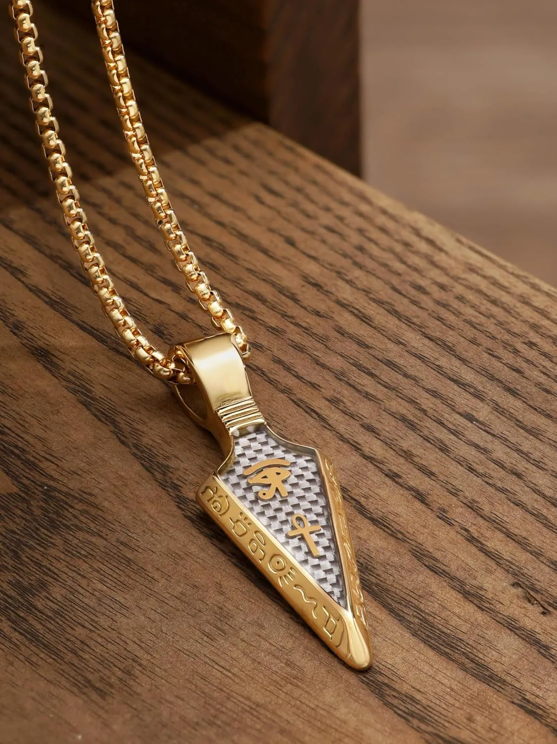 HAQUIL Arrowhead Necklace, Stainless Steel Eye of Horus Ankh Hieroglyphic Arrowhead Pendant, Box Chain, Egyptian Jewelry Gifts