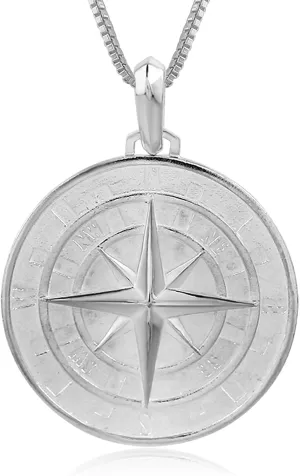 Hawaiian Silver Jewelry Compass Pendant Necklace for Men or Women with 20-Inch Chain, 925 Sterling Silver, Laser-Engraved Inscription, Nautical Jewelry