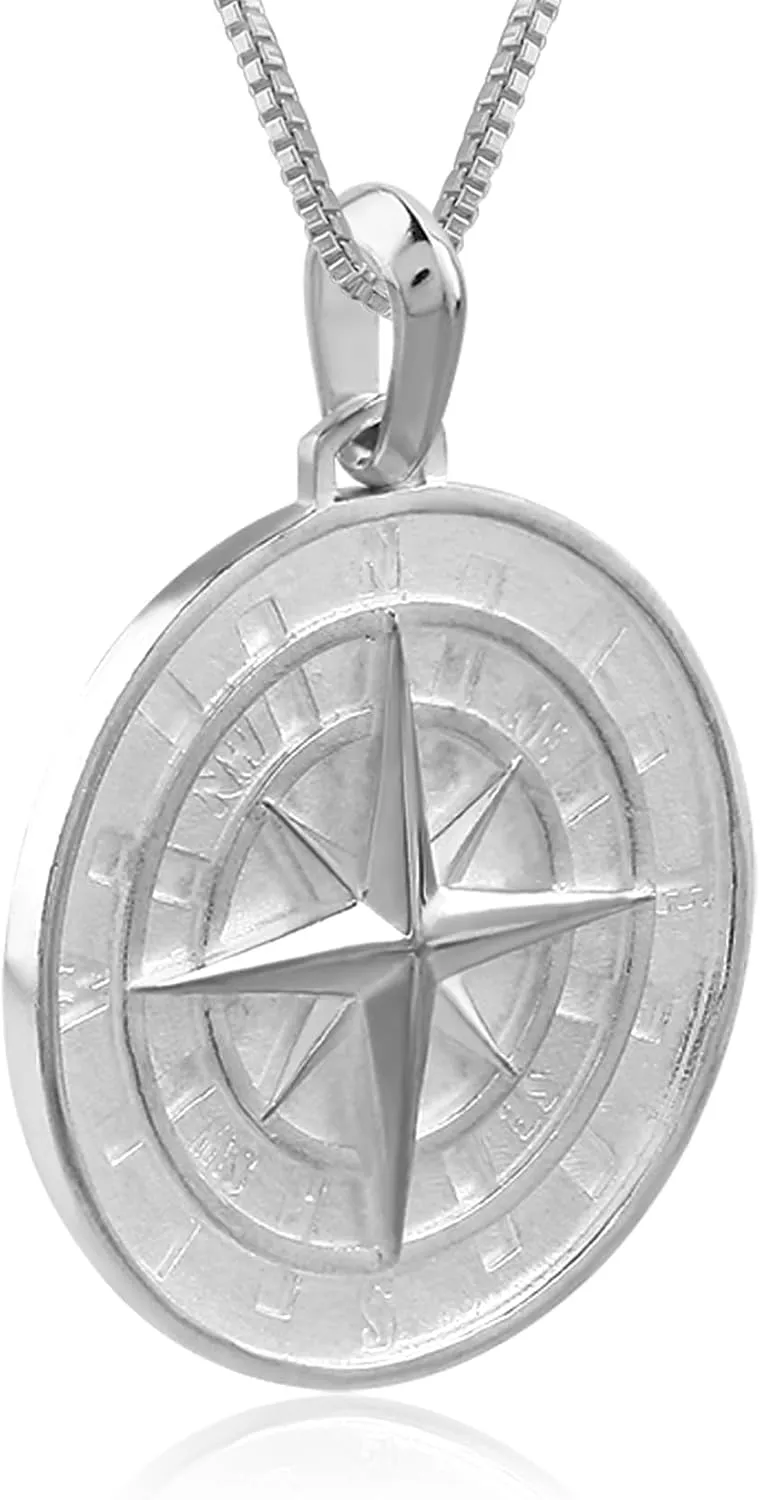Hawaiian Silver Jewelry Compass Pendant Necklace for Men or Women with 20-Inch Chain, 925 Sterling Silver, Laser-Engraved Inscription, Nautical Jewelry